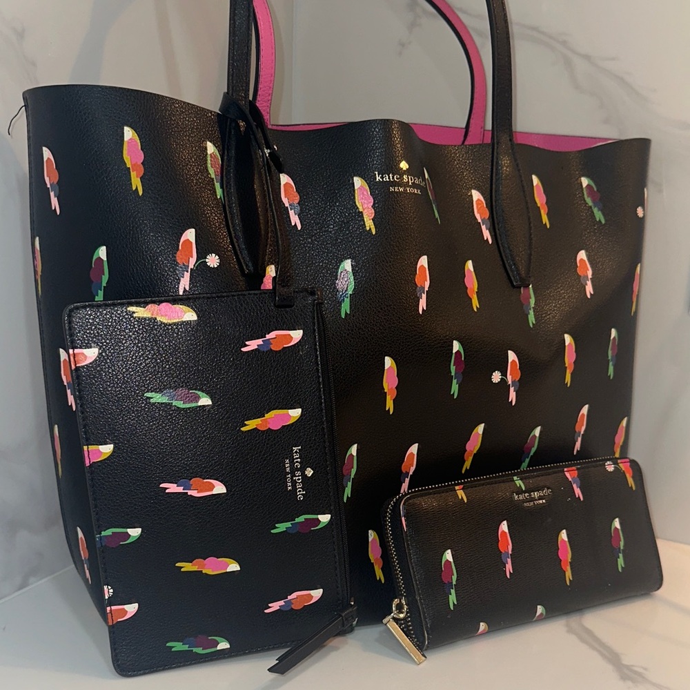 Kate Spade Black Tote with Colorful Parrot Design - Picture 2 of 16